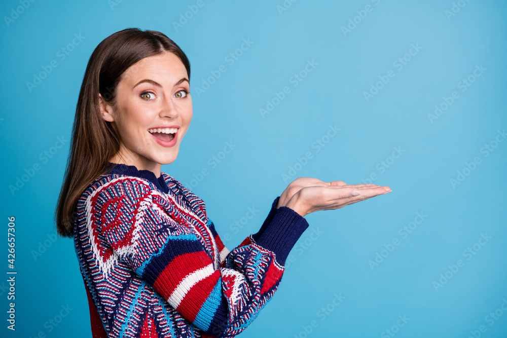 Profile side view portrait of attractive glad girl holding in hands copy space ad offer isolated over vibrant blue color background Profile side view portrait of attractive glad girl holding in hands copy space ad offer isolated over vibrant blue color background