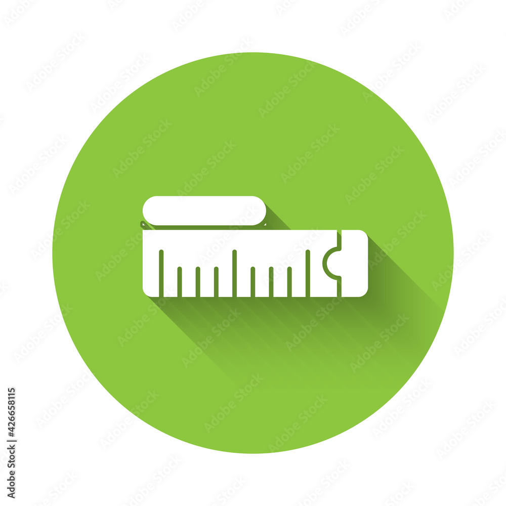 White Tape measure icon isolated with long shadow. Measuring tape. Green circle button. Vector White Tape measure icon isolated with long shadow. Measuring tape. Green circle button. Vector