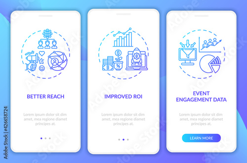 Hybrid meeting benefits onboarding mobile app page screen with concepts. Engagement, better reach walkthrough 3 steps graphic instructions. UI, UX, GUI vector template with linear color illustrations