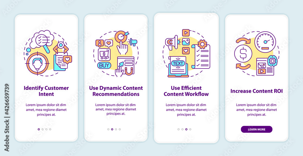 Smart content creation tips onboarding mobile app page screen with concepts. Efficient workflow walkthrough 5 steps graphic instructions. UI, UX, GUI vector template with linear color illustrations Smart content creation tips onboarding mobile app page screen with concepts. Efficient workflow walkthrough 5 steps graphic instructions. UI, UX, GUI vector template with linear color illustrations