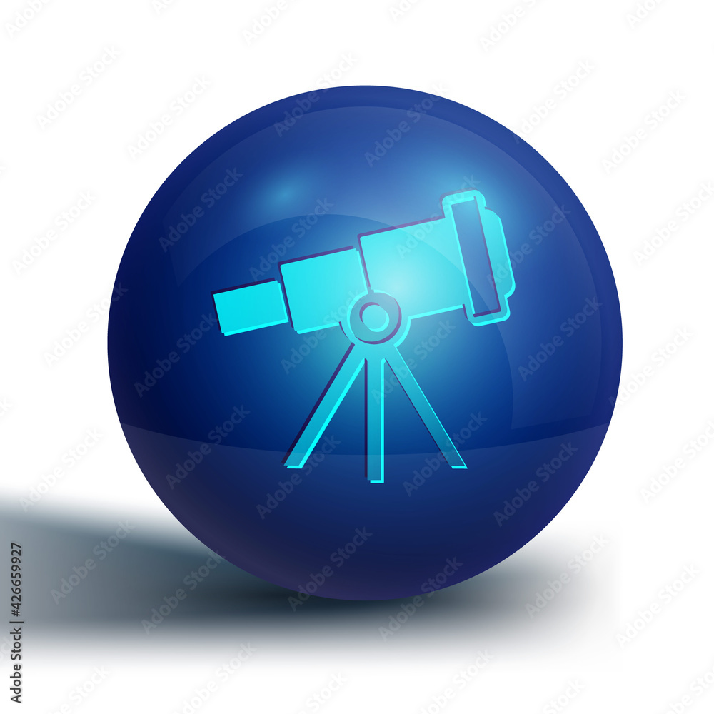 Blue Telescope icon isolated on white background. Scientific tool. Education and astronomy element, spyglass and study stars. Blue circle button. Vector Blue Telescope icon isolated on white background. Scientific tool. Education and astronomy element, spyglass and study stars. Blue circle button. Vector