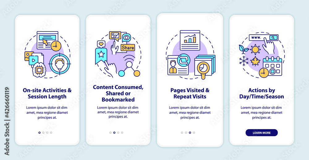 User behaviour analytics onboarding mobile app page screen with concepts. On site activities walkthrough 5 steps graphic instructions. UI, UX, GUI vector template with linear color illustrations