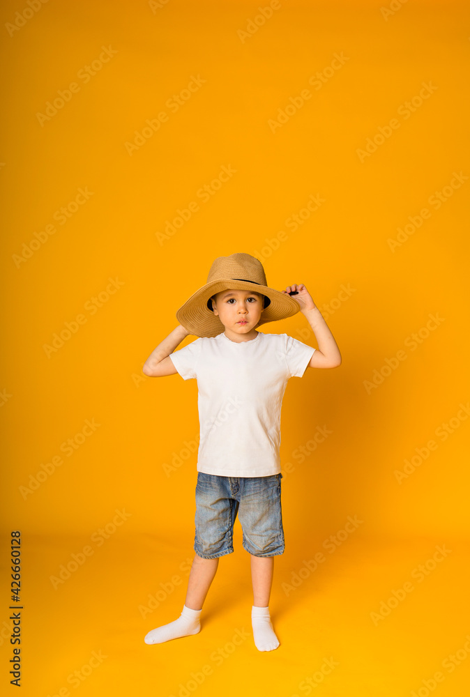 little boy Toddler in a straw hat stands and looks at the camera on a yellow background with space for text little boy Toddler in a straw hat stands and looks at the camera on a yellow background with space for text