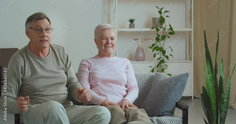 Elderly couple rooting cheering for sports team watching program game on TV loudly commenting hope for positive results feel rage disappointment from loss mature man throws remote control out of anger Elderly couple rooting cheering for sports team watching program game on TV loudly commenting hope for positive results feel rage disappointment from loss mature man throws remote control out of anger
