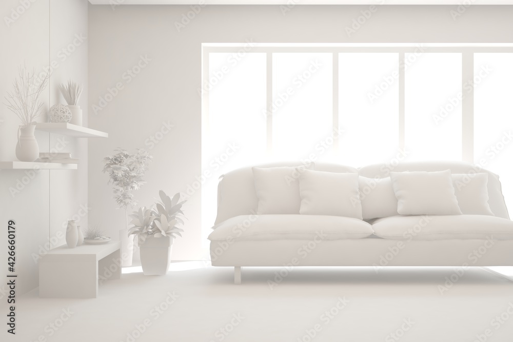 White minimalist living room with sofa. Scandinavian interior design. 3D illustration White minimalist living room with sofa. Scandinavian interior design. 3D illustration
