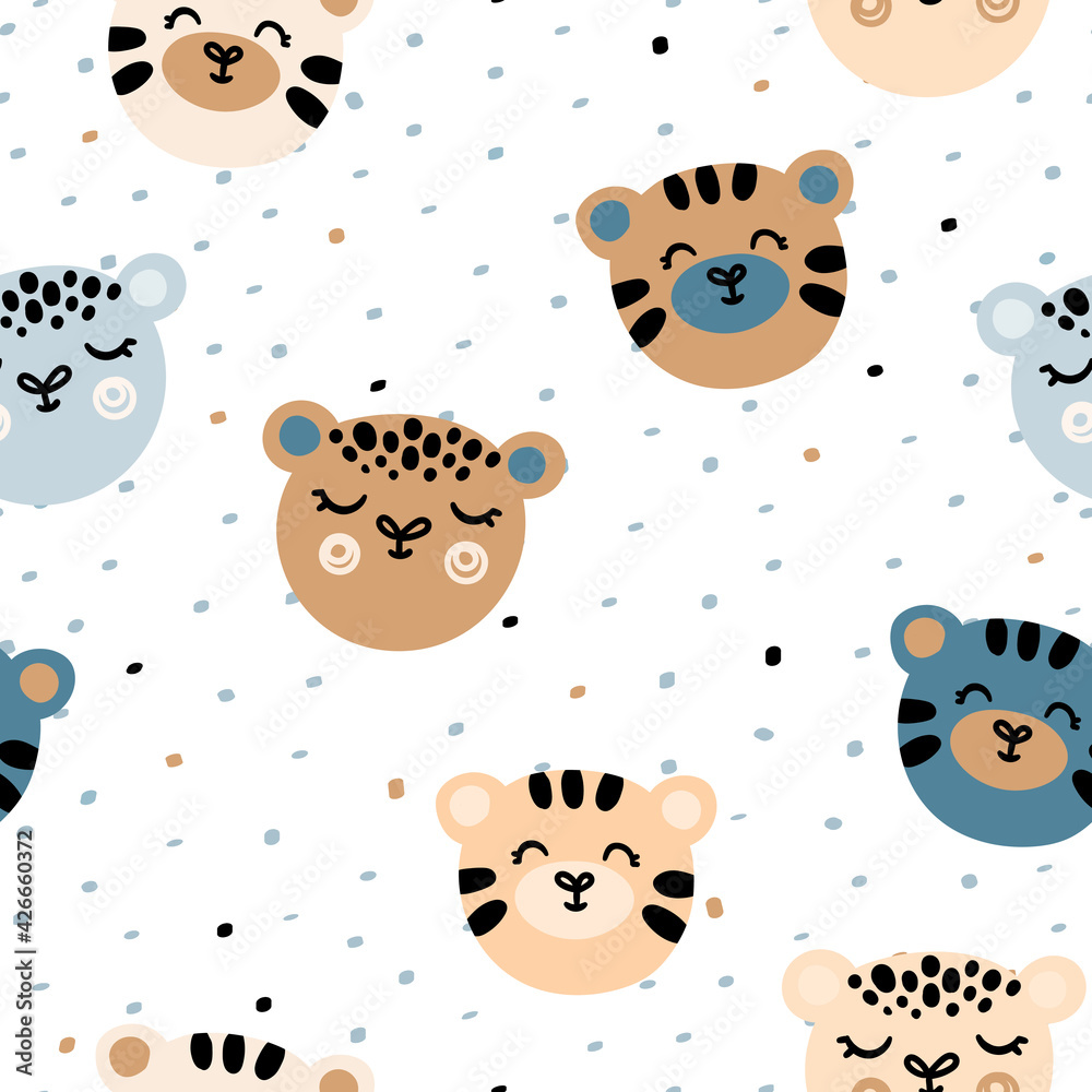 Cute seamless pattern with animals. Baby design in the Scandinavian cartoon style.Tiger and leopard faces Cute seamless pattern with animals. Baby design in the Scandinavian cartoon style.Tiger and leopard faces