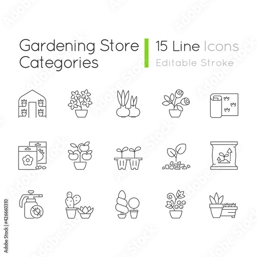 Gardening store categories linear icons set. Pesticides for protecting plants from insects. Customizable thin line contour symbols. Isolated vector outline illustrations. Editable stroke
