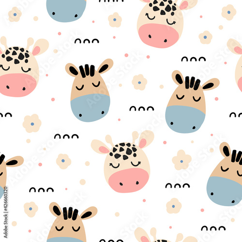 Fototapeta Naklejka Na Ścianę i Meble -  Cute seamless pattern with animals. Baby design in the Scandinavian cartoon style.Zebra and giraffe faces