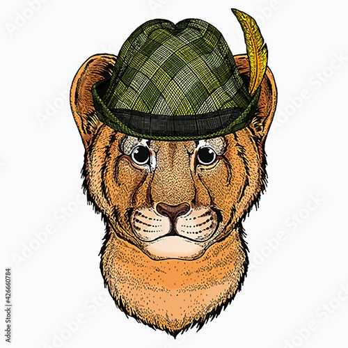 Vector portait of small baby lion head, face. Safari animal. Animal with tirol hat. Traditional headdress.