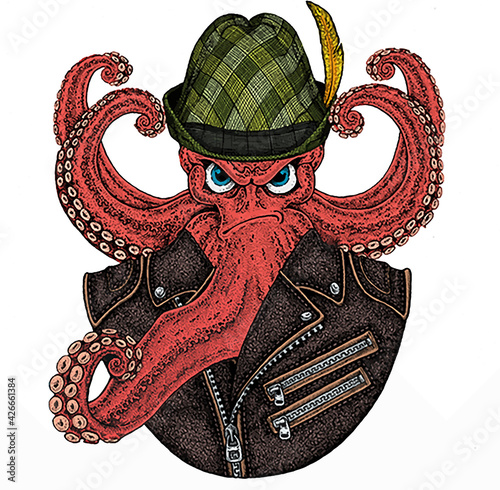 Octopus vector portrait. Sea marine creature, beast. Animal with tirol hat. Traditional headdress.