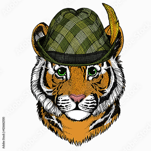 Baby tiger, small little tiger for children. Animal with tirol hat. Traditional headdress.