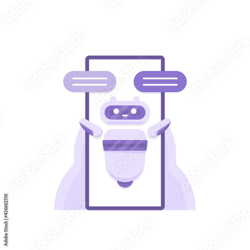a concept chatbot, AI or message answering robot. illustration of a robot and a smartphone. flat style. vector design.