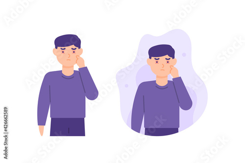 a man who has eye disease or has swollen eyes. suffer from red eye disease. the result of too long looking at the screen of a smartphone or laptop. flat style. vector design