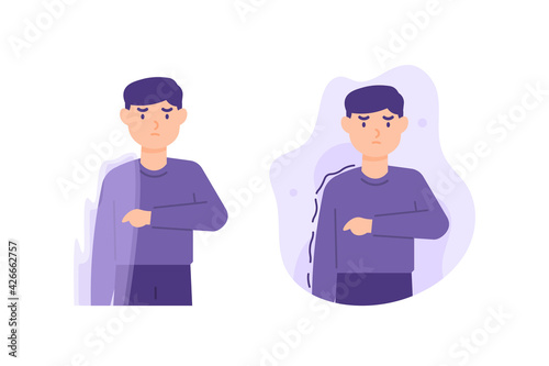 illustration of a man suffering from one-sided paralysis, body shaking. symptoms of stroke, hemiplegia, paralysis, body numbness. flat style. vector design