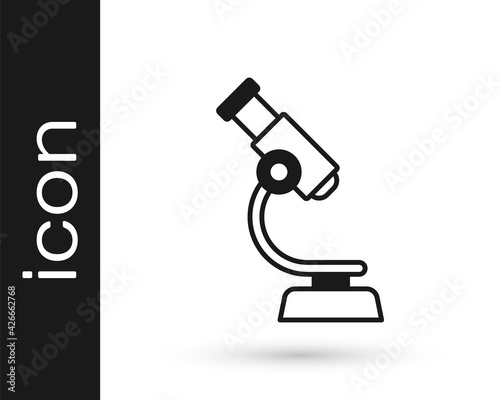 Black Microscope icon isolated on white background. Chemistry, pharmaceutical instrument, microbiology magnifying tool. Vector