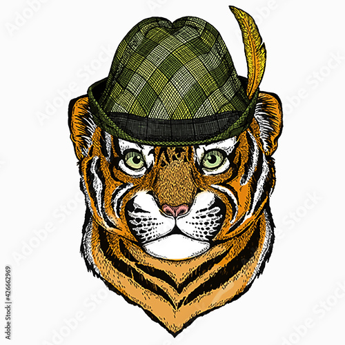 Baby tiger, small little tiger for children. Animal with tirol hat. Traditional headdress.