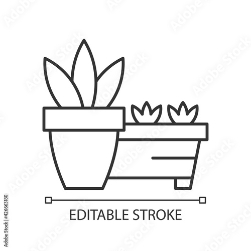 Flower pots and flower beds linear icon. Place to grow plants inside house. Gardening equipment. Thin line customizable illustration. Contour symbol. Vector isolated outline drawing. Editable stroke