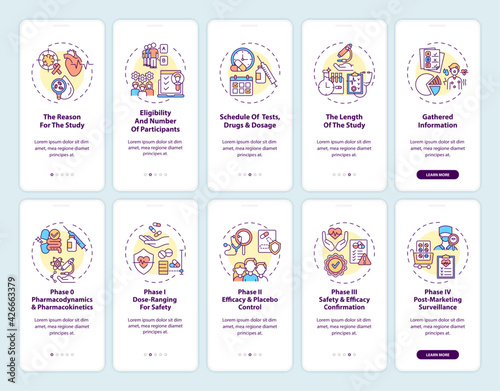 Clinical studies onboarding mobile app page screen with concepts set. Formal experiment planning walkthrough 5 steps graphic instructions. UI, UX, GUI vector template with linear color illustrations