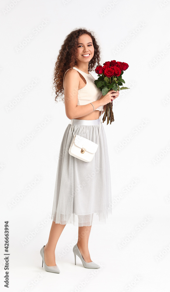 Beautiful woman with flowers on white background. International Women's Day celebration Beautiful woman with flowers on white background. International Women's Day celebration