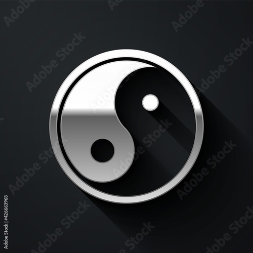 Silver Yin Yang symbol of harmony and balance icon isolated on black background. Long shadow style. Vector