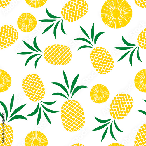 Bright summer seamless pattern with pineapples on a white background. Vector endless background for wallpaper, textile print, wrapping paper, web, packaging.