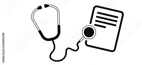 Stethoscope with paper, doctor advice and patient, discuss the results. Vector communication sign. Doctor's appointment, checking results, diagnoses. Doctor's. Online Doctor and telemedicine concept. 