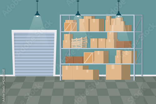 Warehouse interior in cartoon style with boxes, wooden containers, packages building inside. Industry shelfs and door, Empty logistic service