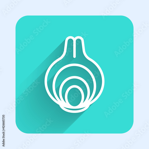 White line Onion icon isolated with long shadow. Green square button. Vector