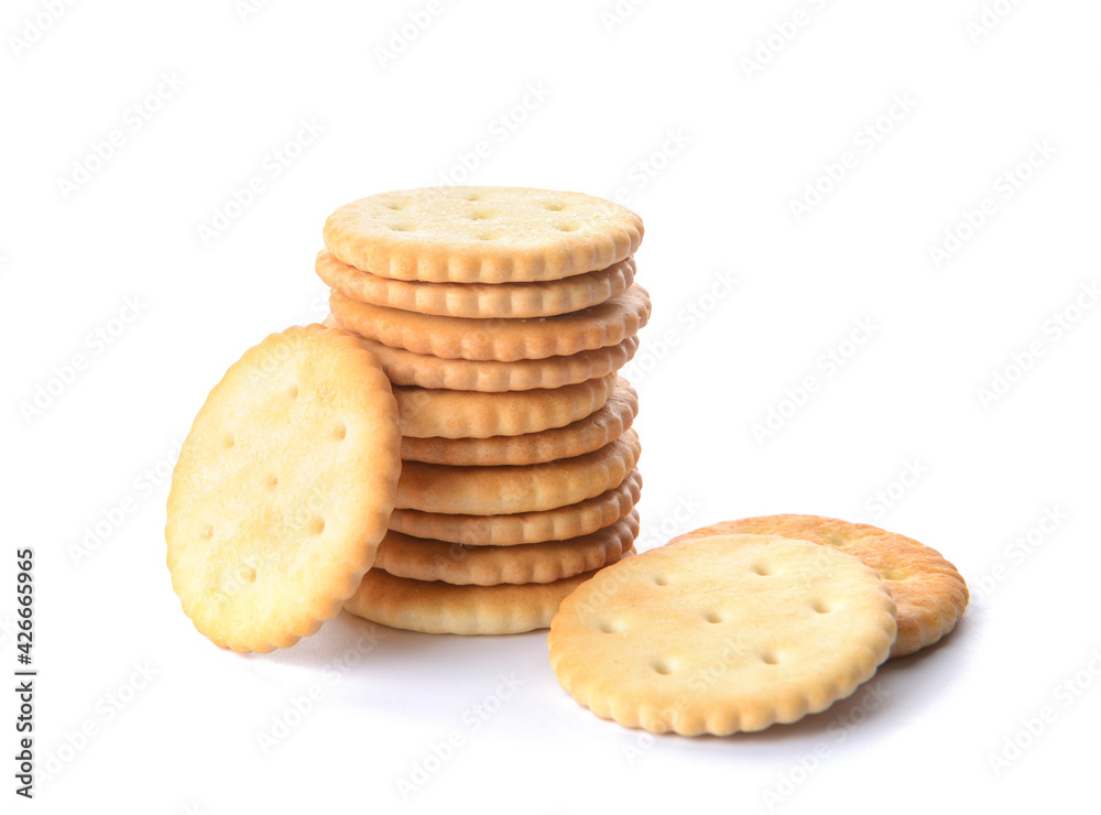 Stack of tasty crackers on white background Stack of tasty crackers on white background