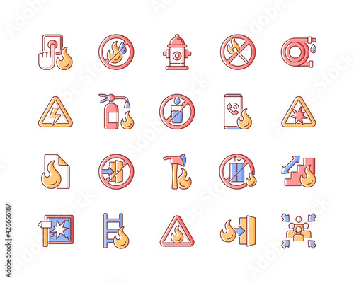 Fire safety RGB color icons set. Alarm for emergency. Do not use drinking water. Pulaski axe. Ladder, stairway ford escape. Warning sign. Risk situation guidelines. Isolated vector illustrations