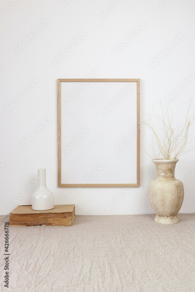 Wooden photo frame mockup with vases