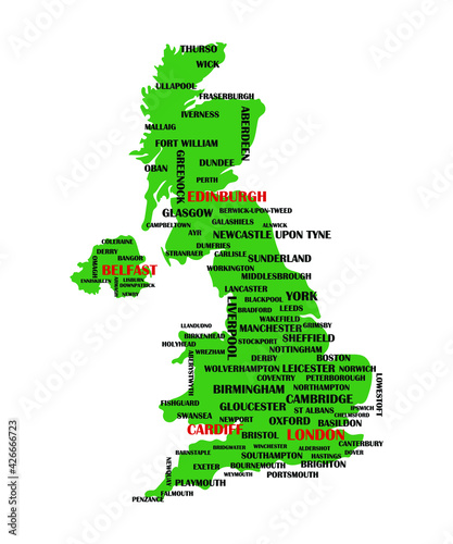 Educational map of Great Britain. UK cities. Isolated on white. Poster, banner, brochure template.