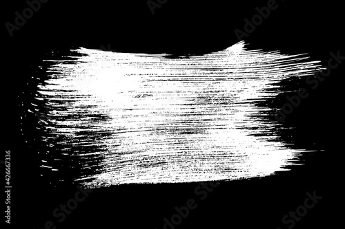 White brush stroke isolated on black. Ink splatter. Paint droplets. Digitally generated image. Vector design elements, illustration, EPS 10.