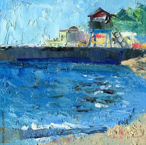 Oil painting, art, landscape, river, sea, ocean, pier, digital seascape © Natali_Mias