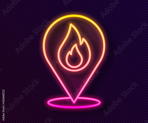 Glowing neon line Map pointer with fire flame icon isolated on black background. Fire nearby. Vector