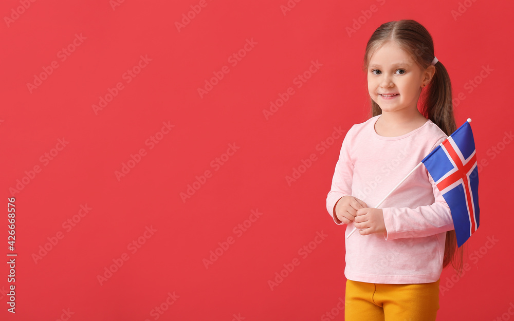 Little girl with the flag of Iceland on color background Little girl with the flag of Iceland on color background