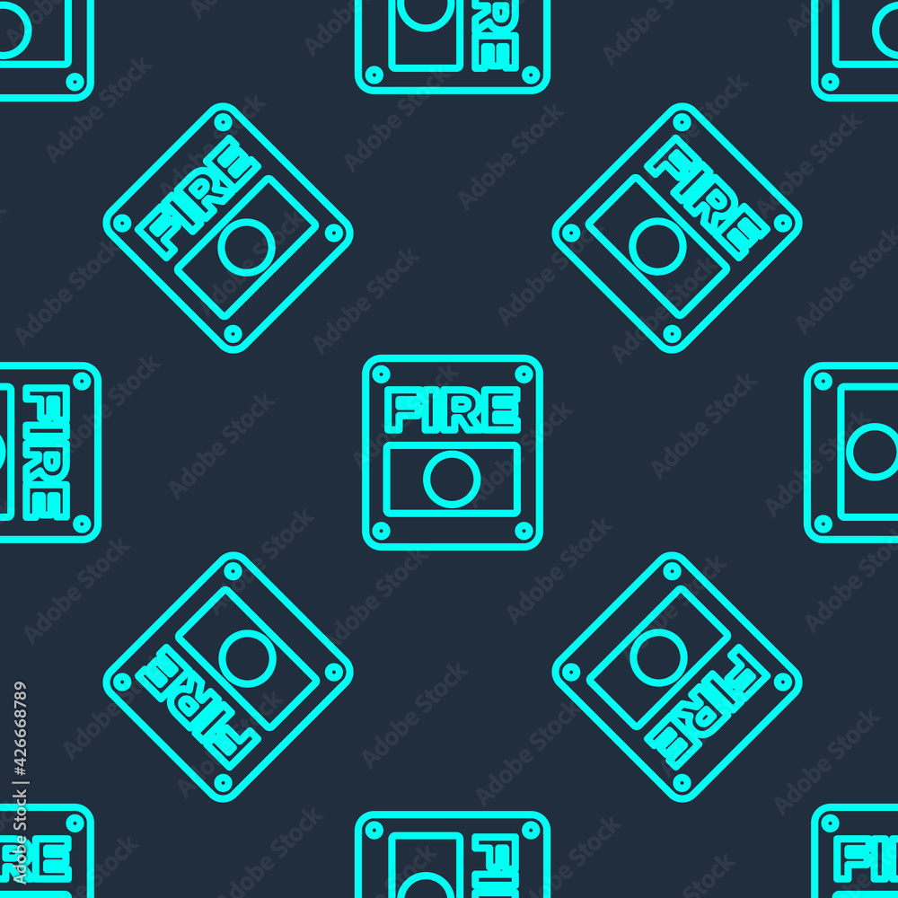 Green line Fire alarm system icon isolated seamless pattern on blue background. Pull danger fire safety box. Vector
