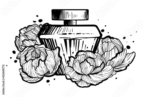 Perfume bottles with peonies around, monochrome vector