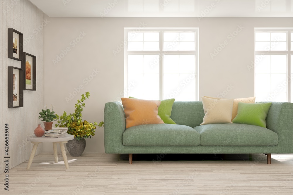 Fototapeta premium White living room with sofa. Scandinavian interior design. 3D illustration