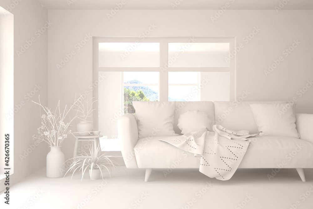 White minimalist living room with sofa. Scandinavian interior design. 3D illustration White minimalist living room with sofa. Scandinavian interior design. 3D illustration