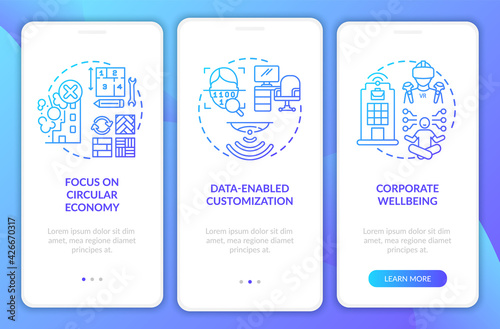 Future workspace design onboarding mobile app page screen with concepts. Data-driven customization walkthrough 3 steps graphic instructions. UI, UX, GUI vector template with linear color illustrations
