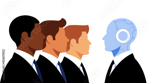 Businessmen in suits and Artificial Intelligence Manager. Young men in black suits and Robot. The concept of teamwork, business, stock markets and trading. Modern vector illustration.