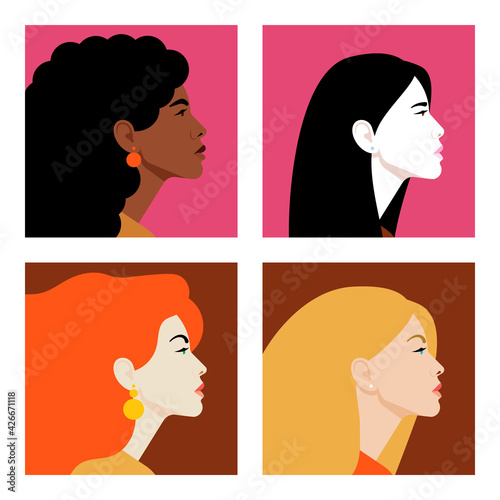 Set of female portraits. Beautiful multi-ethnic women in square shapes. Different cultures and races: black woman, asian, hispanic ethnicity, caucasian. Human diversity. Realistic vector illustration.