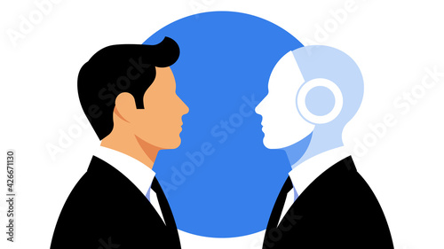 Human vs robot. Businessman and the robot are facing each other. Concept of artificial intelligence in business-optimization, robotization, data processing. Vector illustration of cyborg and human.
