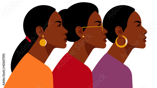 Beautiful Black women. Group of different women with different hairstyle and clothes. Side view. Womens beauty and diversity concept. Modern vector illustration, realistic female portraits.