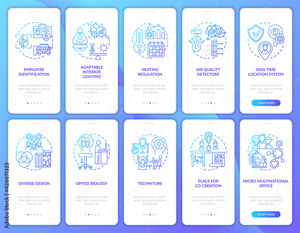 Smart workspace onboarding mobile app page screen with concepts set. Diverse design, regulation walkthrough 5 steps graphic instructions. UI, UX, GUI vector template with linear color illustrations