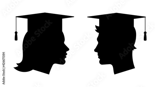 Man and woman in graduation cap. Graduates. Education. Vector silhouette.