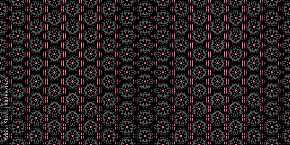 Dark background pattern with decorative ornaments on a black background, wallpaper. Seamless pattern, texture for your design. Vector graphics 