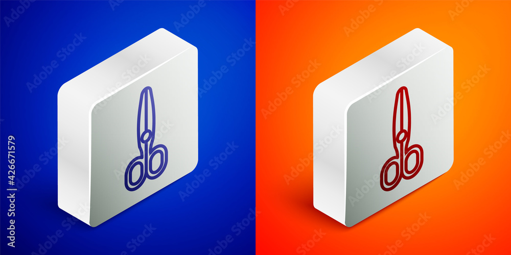 Isometric line Scissors icon isolated on blue and orange background. Tailor symbol. Cutting tool sign. Silver square button. Vector