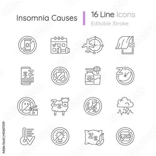 Insomnia causes linear icons set. Reasons for bad sleep. Avoid sleeplessness. No caffeine, fast food. Customizable thin line contour symbols. Isolated vector outline illustrations. Editable stroke